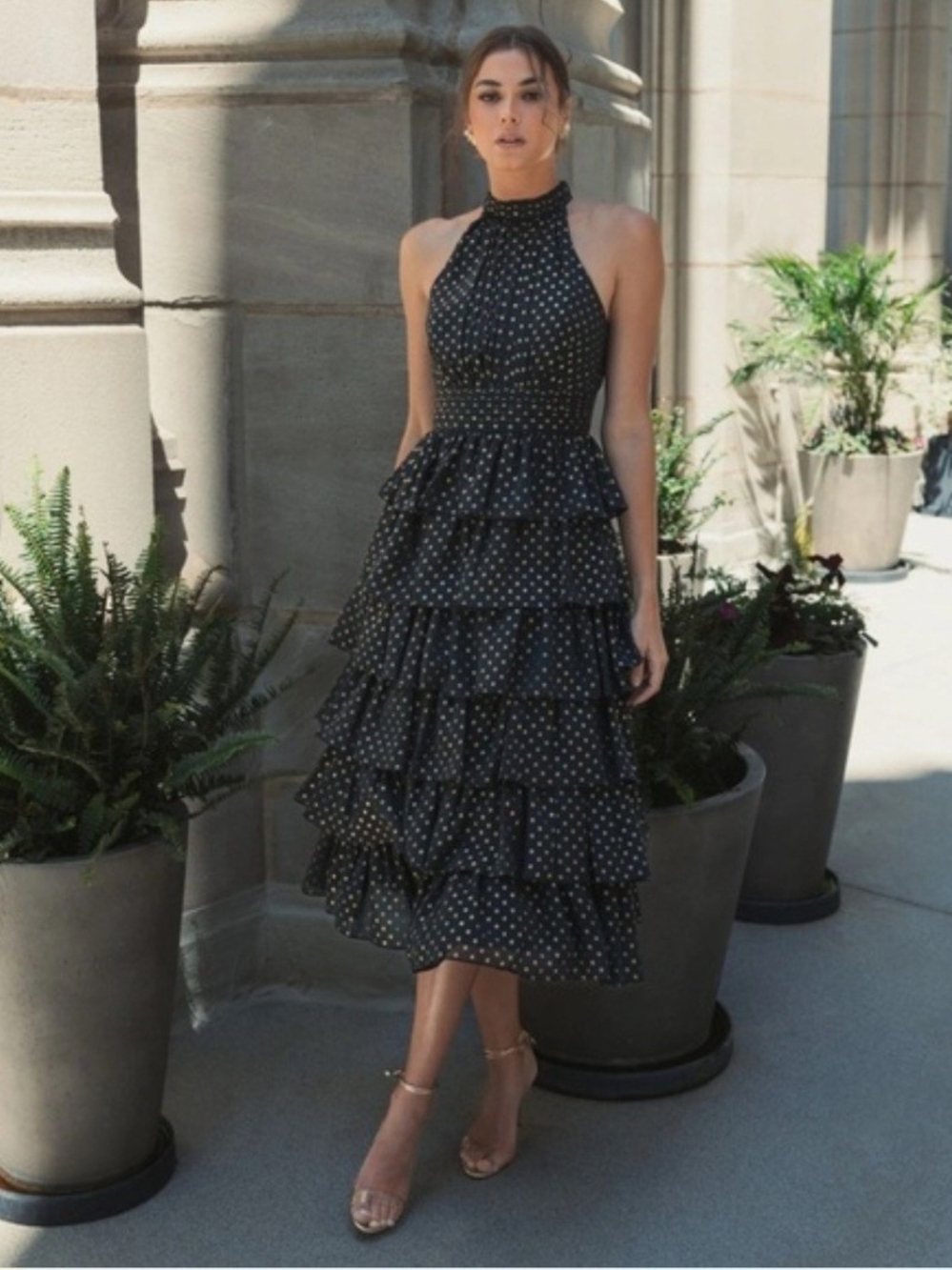 Mac Duggal Black Halter Ruffled Polka Dot Midi Dress Size 16